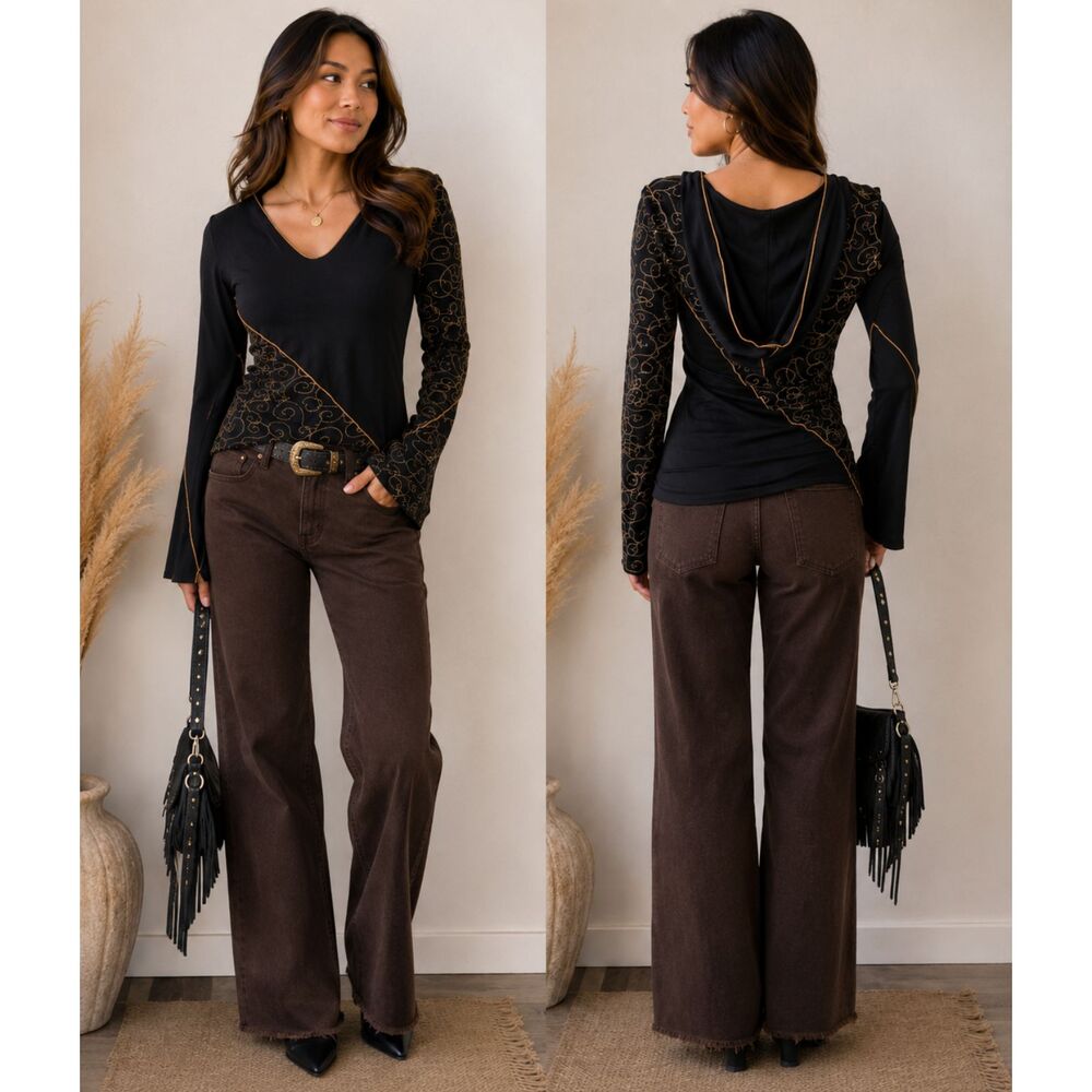 Beija Brazil Top Womens S Black Gold Embroidered Hooded Tunic Boho Goth Fairy